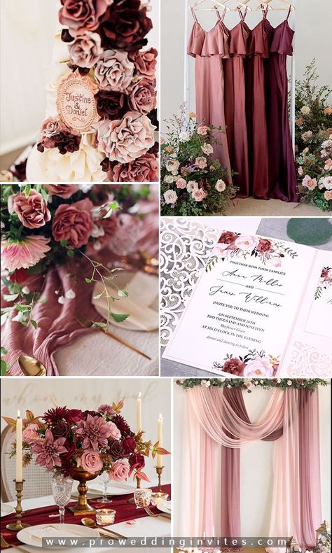 Fall Wedding Color Combinations, Red Palette Wedding, Cabernet And Champagne Wedding Colors, Red Pink Wedding Color Schemes, Rustic Color Palette Wedding, Wedding Colors February, Romantic Elegant Wedding Theme, Berry Pink Wedding, February Wedding Ideas