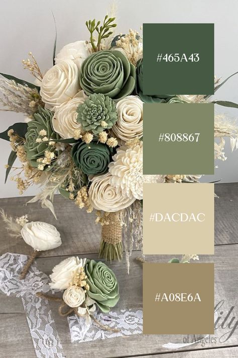 A bridal bouquet featuring a sage green Wedding color palette. The soft, muted green of the eucalyptus and succulents blends seamlessly with the cream and ivory flowers, creating a rustic yet elegant look. Eucalyptus Color Wedding Theme, Shades Of Green For Wedding, Sage Color Scheme Wedding, Winter Sage Green Wedding, Sage Green Wedding Palette Color Pallets, Wedding Inspo Sage Green, Sage Wedding Theme Colour Palettes, Color Themes For Wedding Colour Palettes, Spring Wedding Green Colour Palettes