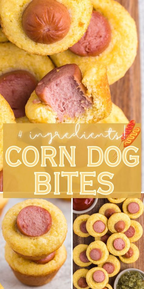 These Corn Dog Bites are a kid-favorite easy dinner idea or after school snack! A store-bought cornbread mix mini muffins are filled with a piece of hot dog and then baked to golden brown perfection in the oven. Serve with your favorite dips like ketchup, mustard, honey mustard, or dill pickle relish. Mini Weenie Recipes, Gluten Free Mini Corn Dogs, Appetizer With Hot Dogs, Miniature Corn Dogs, Cornbread And Hotdogs Mini Muffins, Corn Dog Charcuterie Board, Corn Dog Muffins Easy, Corn Muffin With Hot Dogs, Jiffy Corn Muffin Mix Hot Dogs