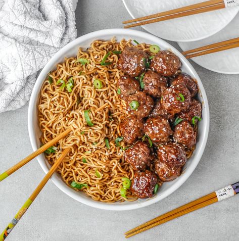 Meatballs And Ramen Noodles, Teriyaki Pineapple Meatballs, Easy Teriyaki Meatballs, Sesame Ramen, Pineapple Meatballs, Teriyaki Chicken Meatballs, Easy Breakfast Burritos, Teriyaki Noodles, Asian Dinner