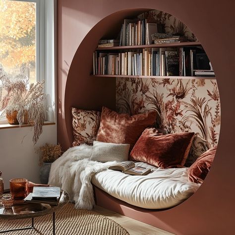 Discover the art of cozy design with this stunning trio of reading nooks, each offering a unique blend of warmth, comfort, and creativity. From the nature-inspired circular alcove surrounded by lush murals, to the rustic orange-hued retreat bathed in soft, ambient lighting, and finally the earthy, curved haven adorned with botanical patterns — these spaces invite relaxation and inspire imagination. Whether you’re looking to escape with a book or create your own dream-like interiors, these spa... Cool Built In Ideas, Living Room With Lots Of Storage, Small Space Built Ins, Half Wall Ideas Living Room, Faux Built Ins, Library Wall In Living Room, Tiny Reading Nook, Sitting Area In Bedroom, Reading Corner Living Room