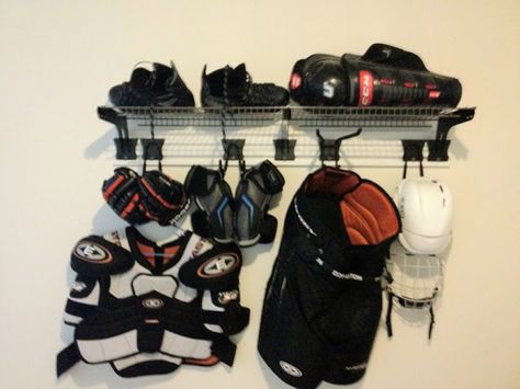 For a long time I have spread my gear on the floor either in the house or in the garage. Fed up with this, I decided to search for a better way to dry my ge... Hockey Gear Storage, Hockey Equipment Drying Rack, Hockey Equipment Storage, Hockey Drying Rack, Hockey Organization, Floors Ideas, Hockey Bedroom, Stationary Bicycle, Sports Storage