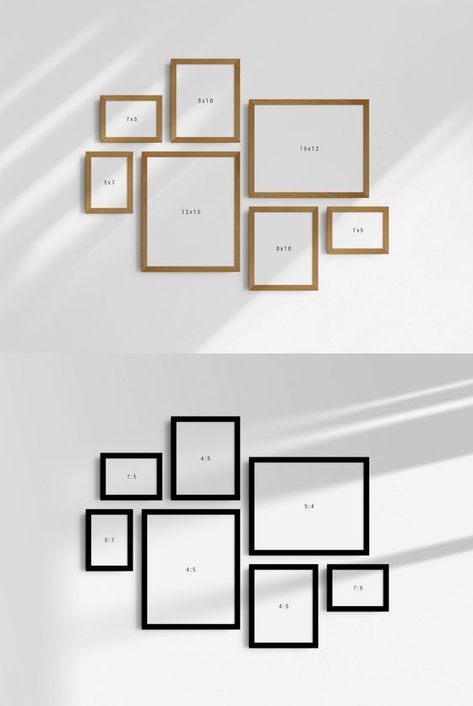 Bedroom Gallery Wall – Gallery Wall Mockup Set Of 7 Medium Thick Frames Minimalist Wall Art Frame Mockup - davidreed.co Photo Gallery Wall Layout, Picture Wall Living Room, Gallery Wall Template, Gallery Wall Mockup, Photowall Ideas, Small Gallery Wall, Wall Layout, Photo Collage Wall, Frames Sizes