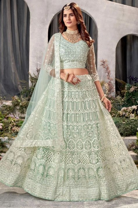 Pista Green Net Embroidered Lehenga Choli Set Mint Green Lehenga Color Combos, Mint Green Lengha, Mint Lehenga, Mint Green Lehenga, Ethnic Lehenga, Plus Size Lehenga, Green Lehenga Choli, Dori Embroidery, Net Lehenga Choli