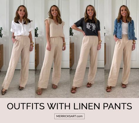 4 Linen Pants Outfits for Spring and Summer - Merrick's Art How To Style Linen Pants Casual Classy, How To Style Boho Pants, Linen Clothing For Women, Linen Pants Business Casual, Kakis Pants Outfit, Tan Linen Pants Outfit, Linen Outfits For Women Summer, Modest Pants Outfits, Beige Wide Leg Pants Outfit