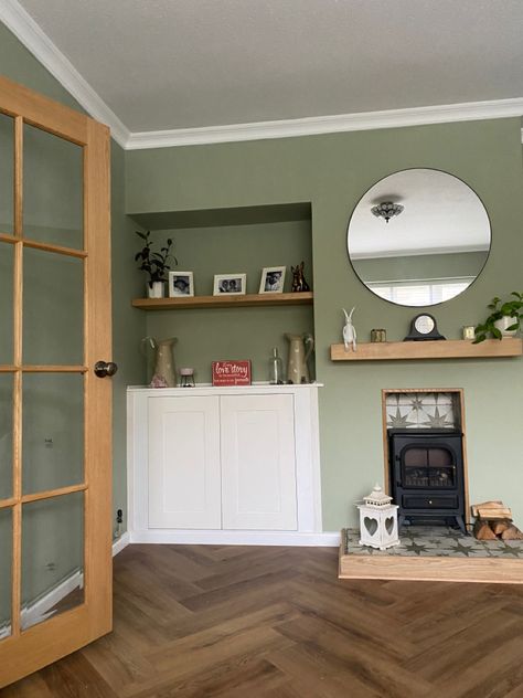 Green Chimney Breast Wall, Stairs And Hallway Ideas, White Wash Brick Fireplace, Just Go With It, Fireplace Tiles, Olive Green Walls, Feature Wall Living Room, Green Hallway, Wooden Fireplace