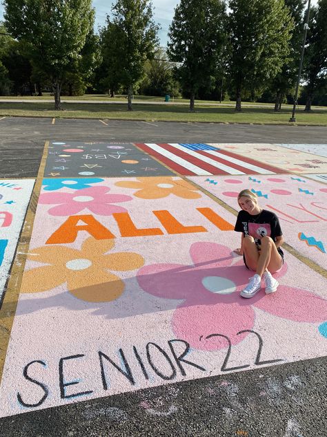 Decorating Parking Spots Chalk, Parking Spot Chalk High School, Senior Parking Spot Inspiration, Chalking Senior Parking Spots, Colorful Parking Spots, Chalk Your Spot Ideas, Senior Parking Spots Butterfly, Paint Parking Spot High School Ideas, Car Parking Paint Ideas