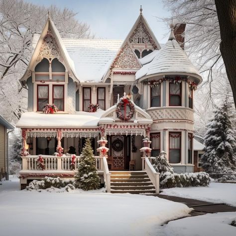 Homes Decorated For Christmas Exterior, Christmas Houses Exterior, Christmas Cottage Exterior, Victorian House Christmas, Big Cottage House, Winter Home Exterior, Christmas Mansion, Christmas House Exterior, Christmas Home Exterior