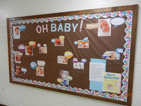 Use for baby and current photo guessing game Bedroom Bulletin Board Ideas, Baby Room Display Boards, Infant Bulletin Board, Nursery Display Boards, Infant Room Daycare, Teaching Displays, Infant Room, Birthday Bulletin Boards, Infant Classroom