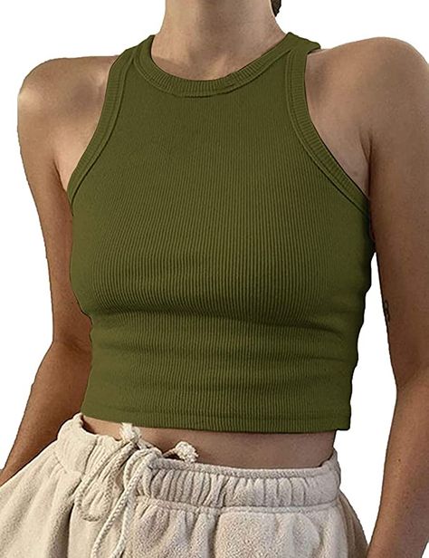 Artfish Women Casual Basic Sleeveless High Neck Rib-Knit Y2k Crop Tank Top at Amazon Women’s Clothing store Knit Y2k, Spring Wardrobe Essentials, Crop Tank Top, Sport Dress, Different Outfits, Amazon Women, Sleeveless Tank Top, Knit Tanks, Racerback Tank Top