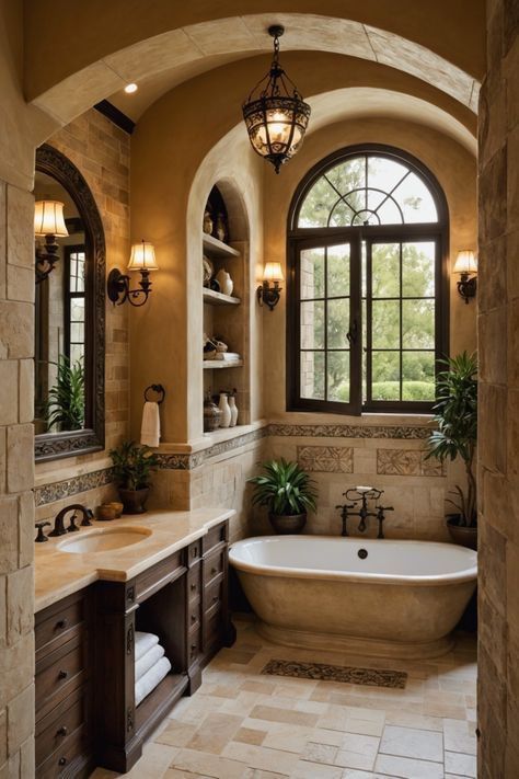 Mediterranean Style Bathroom, Luxury Mediterranean Homes, Tuscan Bathroom, Mediterranean Bathroom, Condo Bathroom, Italian Bathroom, Mediterranean Interior Design, Tuscan Style Homes, Hacienda Style Homes