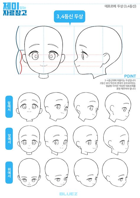 3-4등신 캐릭터 데포르메 두상 자료입니다~~ #제미있는자료참고#자료참고#3등신캐릭터#4등신캐릭터#캐릭터얼굴#데포르메캐릭터#얼굴각도#블루젯#블루젯만화학원 Chibi Eyes Side View, Front Facing Chibi Base, Simple Chibi Eyes, Chibi 3/4 View, Chibi Head Side View, Chibi Head Angles, Chibi Side Profile Reference, Chibi Vtuber Base, Chibi Perspective