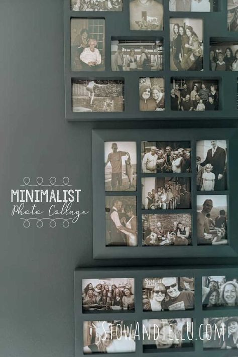 DIY Minimalist Art Photo Collage. Painted picture frames using the paint color as the walls and sepia-toned photos Photo Wall Collage Frames, Multiple Pictures In One Frame, 4x6 Photo Wall Collage Ideas, Picture Frame Collage Ideas, Multiple Photos In One Frame, Frame Wall Collage, Framing Ideas, Painted Picture Frames, Decorating House