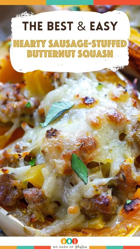 Looking for a delicious and cozy meal? Try this Hearty Sausage-Stuffed Butternut Squash! Roasted butternut squash filled with savory sausage, caramelized onions, sweet apples, and topped with melty Gruyère cheese. It’s a perfect balance of sweet and savory that’s sure to impress. Save this recipe for your next fall dinner and enjoy the cozy flavors! Sausage Squash Recipes, Butternut Squash And Apples Recipes, Ww Butternut Squash Recipes, Butternut Dinner Ideas, Butternut Squash Dinner Recipes, Stuffed Butternut Squash Recipes, Fall Squash Recipes, Stuffed Squash Recipes, Butternut Squash Dinner