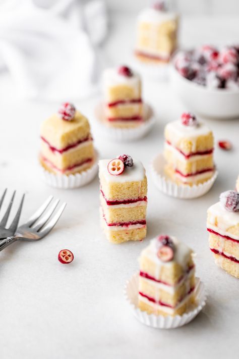 Petit Fours Recipe, Petit Four Recipes, High Tea Menu, Gluten Free Vanilla Cake, Vanilla Bean Frosting, Vegan Frosting, Vanilla Bean Cakes, Cranberry Jam, Mini Torte