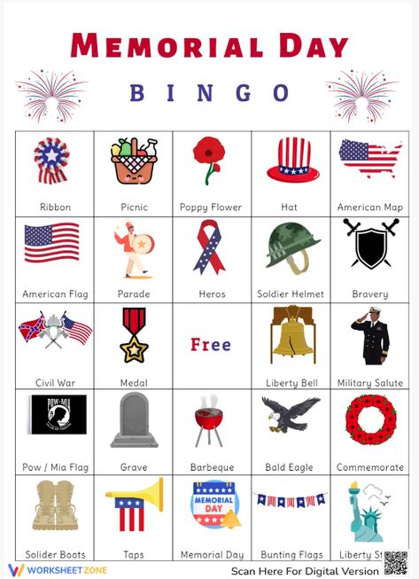 Use this universally loved game to celebrate Memorial Day in the classroom. Bingo is a great way to introduce and review vocabulary. Try it out!
#holidays #memorialday #memorialdaybingo #bingogames #bingocards #worksheets #memorialdayworksheets #gamesforkids #activitiesforkids #printablesforkids #freeprintables Classroom Bingo, Memorial Day Activities, 1 Worksheet, Free Activities For Kids, Bingo Card, Activity For Kids, Remembrance Day, Free Activities, Bingo Games