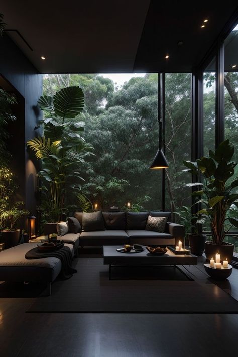 Dark Interior With Plants, Dark Modern Plant House, Interial Designing House, Dark Modern Home, Dark House Aesthetic, Dark Modern, Decoration Restaurant, Home Library Design, Architecture Model House