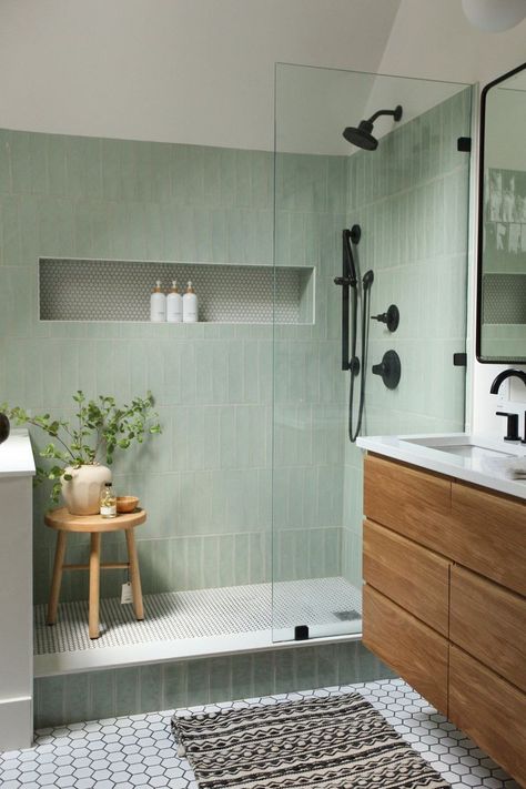 Create Pin for ad Long Narrow Bathroom Remodel, Bathroom Remodel 2024, Pistachio Bathroom, Shower Over Bath Ideas, White And Green Bathroom, Bathroom In Bedroom, Bathrooms Green, Green Bathroom Tile, Organic Scandinavian