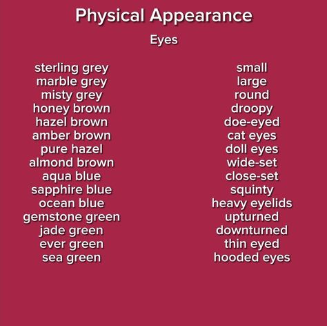 Eye Shape Description, Eyes Descriptions For Writing, Eye Descriptions For Writing, Eyes Writing Description, Descriptive Words For Eyes, Adjectives For Characters, Describe Skin Tone Writing, Appearance Description Writing, Words To Describe Appearance