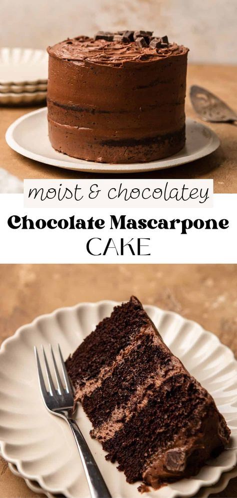 This moist chocolate mascarpone layer cake with chocolate mascarpone frosting is so rich and decadent, it'll be your new go-to chocolate cake recipe! It has 3 layers of dark chocolate cake with  smooth chocolate frosting sandwiched in between and spread all over. It's easy to make and is perfect for any special occasion! Chocolate Cake With Mascarpone Frosting, Decadent Cakes Birthdays, Best Chocolate Wedding Cake Recipe, Mascarpone Cream Cake, Chocolate Lover Cake, Black Magic Cake Recipe, Chocolate Milk Cake, Lemon Chocolate Cake, Mascarpone Cake Filling