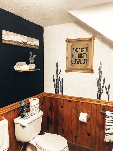 Love how my southwest/cowboy themed bathroom turned out! Small Bathroom Western Decor, Western Cowboy Bathroom Ideas, Arizona Bathroom Ideas, Cowboy Theme Bathroom, Western Home Style, Western Kids Bathroom, Cowboy Bathroom Ideas, Western Trailer Decor, Desert Bathroom Ideas