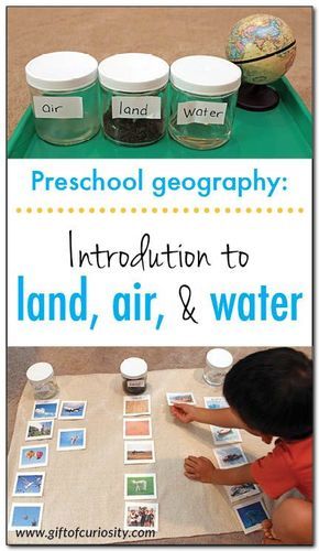 Introduction to land, air, and water: a fun, Montessori-inspired preschool geography lesson that helps kids understand what our earth is made of || Gift of Curiosity Land Sea Air Preschool, Life Science Preschool Activities, Land Air And Water Preschool, Land Water And Air Activities, History And Social Science Preschool, Montessori Science Preschool, Preschool Earth Science, Landform Activities Preschool, Geography Lessons Preschool