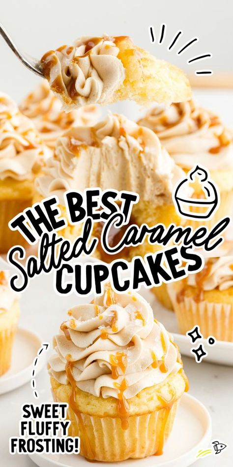 Salted Caramel Cupcakes Salted Caramel Filling, Caramel Buttercream Frosting, Moist Vanilla Cupcakes, Homemade Salted Caramel, Salted Caramel Frosting, Salted Caramel Cupcakes, Creamy Frosting, Tin Recipes, Salted Caramel Cake