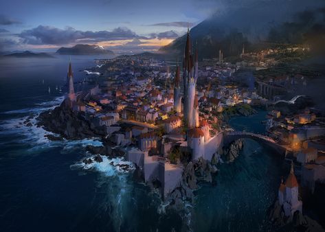 ArtStation - seaside castle, J.C Park Seaside Castle, City By The Sea, Between Two Worlds, Fantasy City, Fantasy Castle, Fantasy Setting, Fantasy Places, Landscape Scenery, Fantasy Art Landscapes