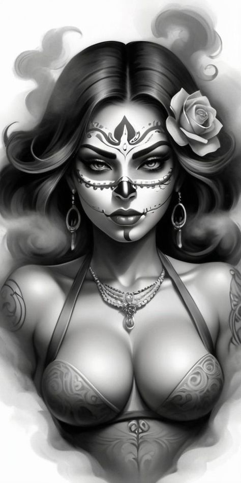 MEXICAN CATRINA ART TATTOO DESIGN Santa Muerte Drawing, La Catrina Tattoo, La Santa Muerte Tattoo, Santa Muerte Tattoo, Sugar Skull Art Drawing, Mexican Skull Tattoos, Aztec Warrior Tattoo, Art Tattoo Design, Aztec Artwork