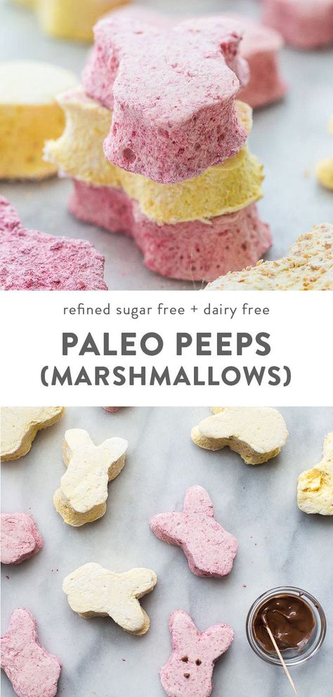 These paleo peeps are the perfect paleo Easter candy. Made from homemade raspberry paleo marshmallows and toasted coconut lemon paleo marshmallows, you\'ll be shocked at how similar they are to the traditional treat, but made only with healthy ingredients. A paleo Easter staple! Or cut them into cubes for an anytime paleo dessert. #paleo #easter Lemon Marshmallows, Paleo Marshmallows, Paleo Easter, Paleo Holiday Recipes, Paleo Candy, Healthy Easter Treats, Keto Easter, Paleo Friendly Desserts, Dinner Meat