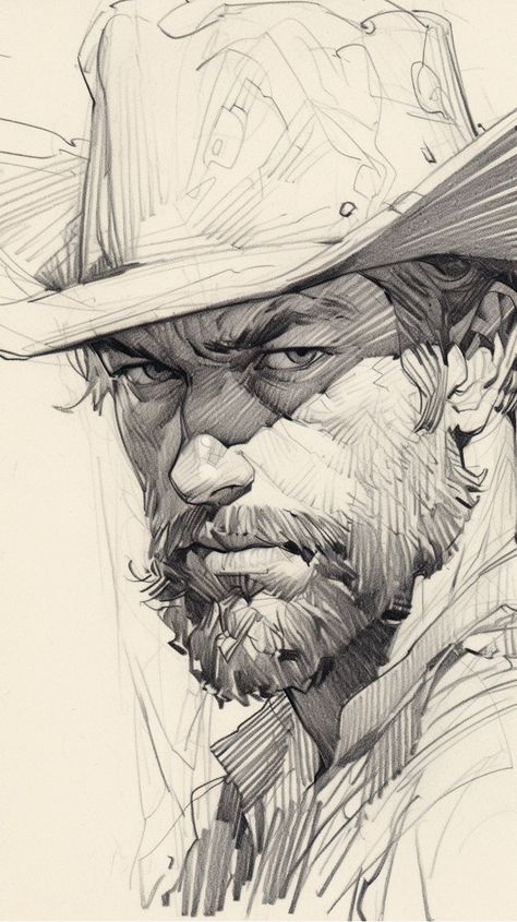 132785889007071720-IdeaPin-page-1-image Pencil sketch of a stern-faced man with a beard wearing a cowboy hat. | Sky Rye Design Gym Anime, Pencil Portrait Drawing, 얼굴 드로잉, Hair Anime, Face Sketch, Anatomy Drawing, Portrait Sketches, Drawing Easy, Realistic Art