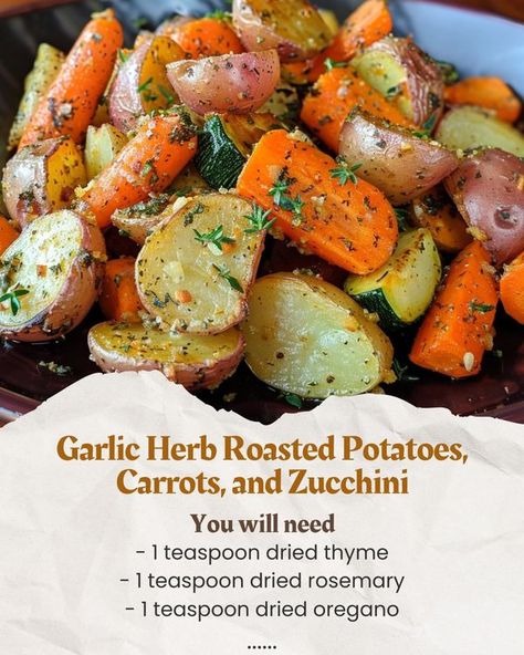 Luscious Recipes | Garlic Herb Roasted Potatoes, Carrots, and Zucchini | Facebook Garlic Herb Roasted Potatoes, Roasted Potatoes Carrots, Carrots And Zucchini, Luscious Recipes, Roasted Mediterranean Vegetables, Mediterranean Vegetables, Roasted Potatoes And Carrots, Roasted Baby Potatoes, Vegetables For Babies