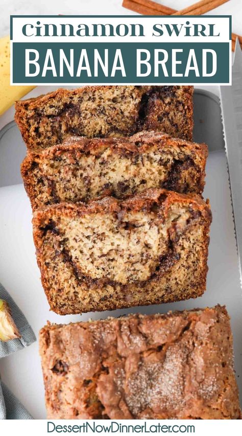 This easy Cinnamon Swirl Banana Bread recipe takes regular banana bread to a whole new level of delicious with a layer of cinnamon sugar in the middle, and as a flavorful crust on top. 6 Banana Bread Recipe, Banana Pecan Bread Recipe, Quick Banana Bread, Swirl Bread Recipe, Cinnamon Swirl Banana Bread, Cinnamon Bread Easy, Sour Cream Banana Bread, Cinnamon Banana Bread, Cinnamon Bread Recipe