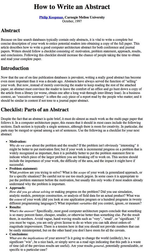 How to Write an Abstract by Philip Koopman, Carnegie Mellon University Writing Fanfiction, Abstract Writing, Scientific Writing, Carnegie Mellon University, Best Essay Writing Service, Thesis Writing, Research Writing, Essay Writing Skills, Admissions Essay