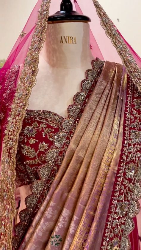 Breathtaking Bridal saree makeover! 😍 Exquisitely hand crafted with elegance and love! Get us your saree & we will turn it out a… | Instagram Designer Sarees Bridal, Bridal Blouse Designs With Border, Pattu Bridal Sarees, Work Sarees For Wedding, Wedding Saree Designs Bridal Collection, Brides Outfits Wedding, Bridal Designer Saree, Bridal Saree For Dusky Skin Tone, Saree Borders Designs