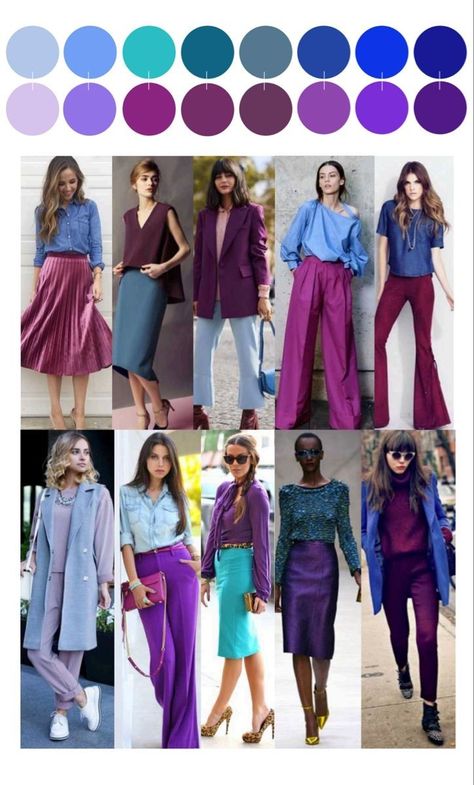 Different Shades Of Purple Outfit, Raspberry Jacket Outfit, Complementary Outfits Color Schemes, Cool Winter Color Palette Outfit Ideas, Winter Colour Combinations Clothes, Complentary Color Outfits, Deep Winter Spring Capsule, Dark Purple Pants Outfit Work, Deep Winter Color Palette Summer Outfits