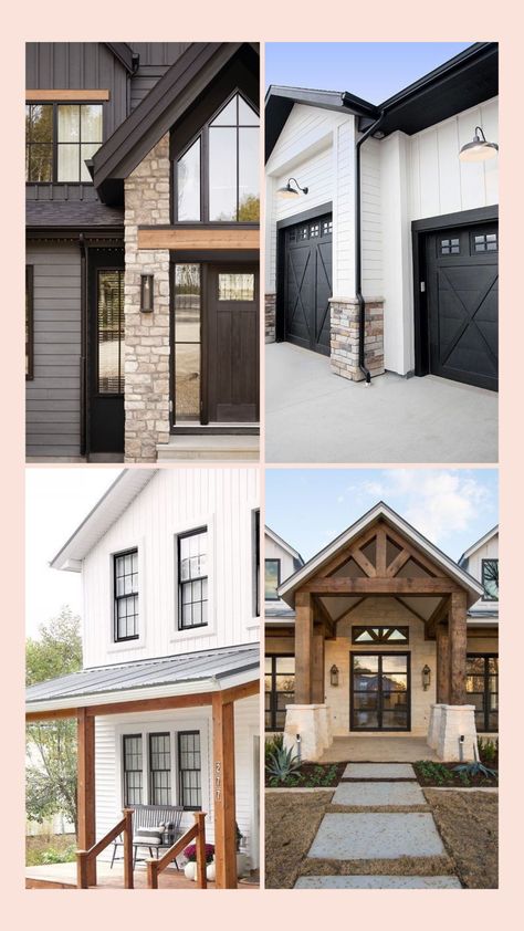 15 GENIUS MODERN FARMHOUSE EXTERIORS - Nikki's Plate Brick And Stone Exterior Combinations Farmhouse, Transitional Farmhouse Exterior, Mixed Siding Exterior, Brick And Stone Exterior Combinations, Black And White House Exterior, Decorating A Farmhouse, Rustic Farmhouse Exterior, Farmhouse Exterior Ideas, Farmhouse Exteriors