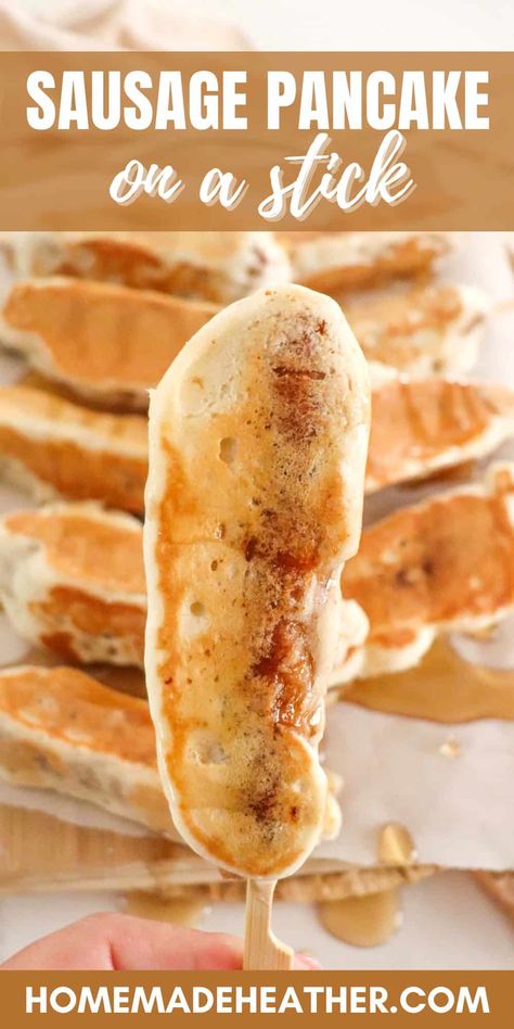 Sausage Pancake on a Stick Pancake On A Stick, Handheld Breakfast, Battered Sausage, Pancake Syrup Recipe, Sausage On A Stick, Pancakes On A Stick, Pancake Sausage, Pancake Roll, Freeze Pancakes