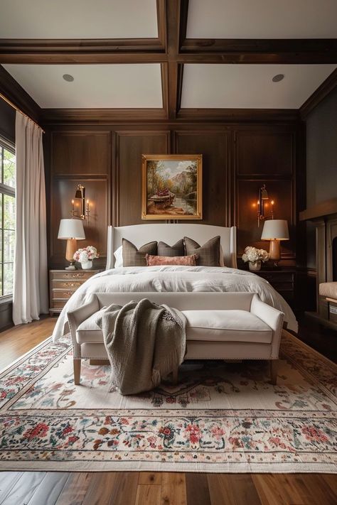 Rich Color Interior Design, Classic Cozy Bedroom, Colorful Home Interior Design, Moody Bedroom Cozy, Historic Bedroom, Craftsman Bedroom Ideas, Cozy Traditional Bedroom, Classic Design Bedroom, Cozy Vintage Home