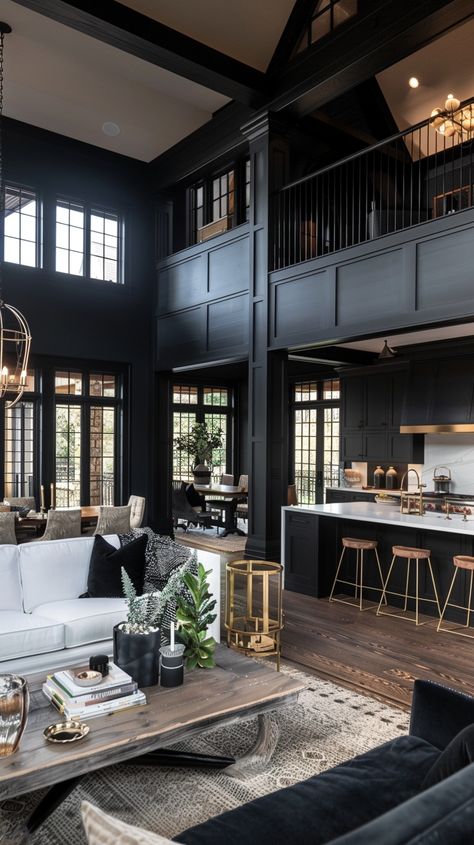 Embracing the Dark Side: Luxurious All-Black Interior Design — Living Bright Interiors Modern Black House Design, Dark Theme House Interior, Black White And Grey Interior Design, Black Interior House Aesthetic, Dream House Black Interior, Black Interior Home Decor, Utilitarian Interior Design, Black Interior Home, Gothic Home Interior Design