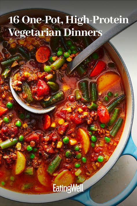 Healthy Eating Vegetarian Meal Plan, Easy Vegetarian One Pot Meals, Complete Protein Vegetarian Recipes, One Pot Vegetarian Chili, Vegetarian Dishes Protein, Healthy Vegetarian Recipes Dinner Easy, High Protein Vegetarian Enchiladas, Non Pasta Vegetarian Meals, High Protein Vegetarian Stew