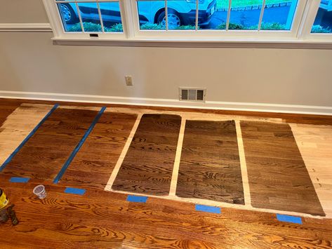 From left to right (on Red Oak): Provincial, Early American, 50% Provincial/50% Dark Walnut (Our Choice), 75% Jacobeam/25% Classic Grey, 50% Special Walnut/50% Classic Grey Dark Walnut On Red Oak Floors, Minwax Floor Stain, Minwax Early American, Stain On Oak, Oak Floor Stains, Red Oak Stain, Red Oak Floors, Floor Stain, Classic Grey