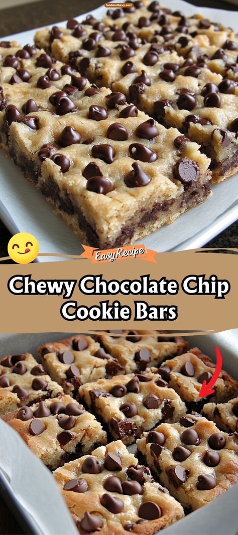 Chewy Chocolate Chip Cookie Bars Sweets With Chocolate Chips, Snacks To Make With Chocolate Chips, Frosted Chocolate Chip Cookie Bars, Simple Cookie Bar Recipes, Desserts With Milk Chocolate Chips, Recipe For Bars Desserts, Quick Cookie Bar Recipes, Dessert Using Chocolate Chips, Desserts Using Hershey Bars