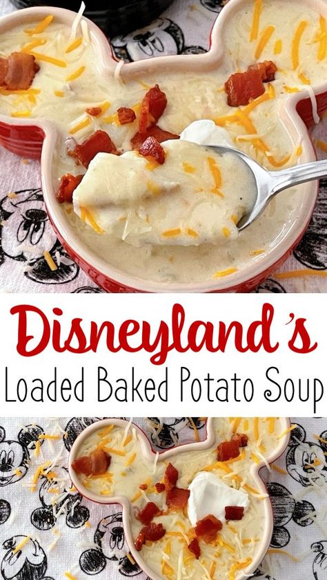 Indulge in Disney magic with our recipe for Carnation Cafe's Loaded Baked Potato Soup from Disneyland! Creamy potatoes, savory bacon, and gooey cheese combine for the ultimate comfort food experience. Recreate the iconic dish at home and bring a taste of Disneyland to your kitchen! Baked Potato Soup Easy, Savory Bacon, Potato Bacon Soup, Creamy Potatoes, Ham And Potato Soup, Loaded Potato Soup, Loaded Baked Potato, Loaded Baked Potato Soup, Creamy Potato Soup