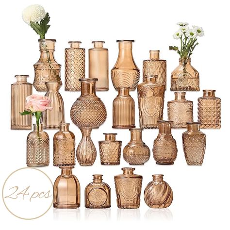 PRICES MAY VARY. 🌴 Premium 24-Piece Vase Set - Crafted from thick, durable glass, the Timeless Bud Flower Vase Set ensures durability and resistance to breakage. The vintage colors and intricate patterns create a stunning and attractive visual impact. Each exquisite glass vase needs the gentle touch of handwashing (not dishwasher-safe). 🌱 Elevate Special Events - Explore creative potential with these glass bud vases. Showcase a beautiful flower arrangement in a small vase or a tall vase. Our v Vasos Vintage, Table Centerpiece Flower, Glass Vases Centerpieces, Glass Bud Vases, Mini Vases, Bud Flower, Small Vases, Small Glass Vases, Clear Vases