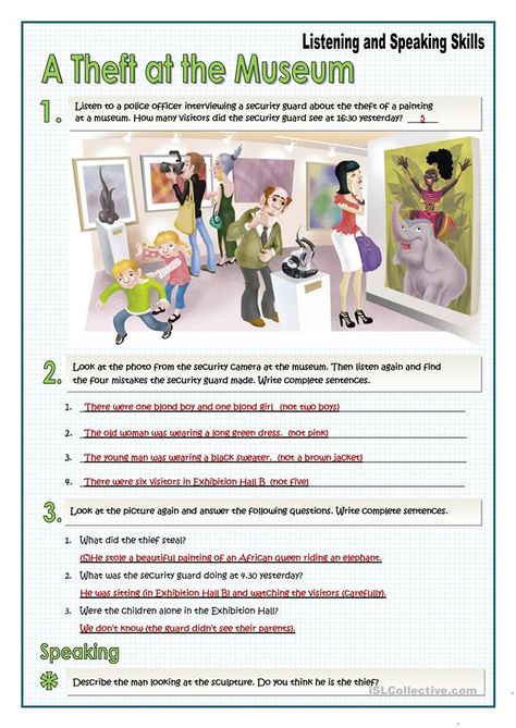 A THEFT AT THE MUSEUM - English ESL Worksheets for distance learning and physical classrooms Speaking Activities Esl, Writing Complete Sentences, Reading Test, English Conversation, Esl Activities, Verb Tenses, Grammar Practice, Speaking Activities, Complete Sentences