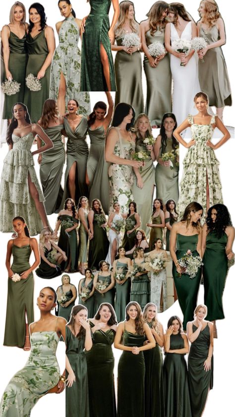 Mixed shades of green with floral bridesmaid dress collage. Bridal party dress inspiration. Gold And Sage Bridesmaid Dresses, Sage Green And Forest Green Bridesmaid Dresses, Different Green Shades Bridesmaid Dresses, Dark Green Mix And Match Bridesmaid Dresses, Pick Your Own Bridesmaid Dress, Coordinating Bridesmaid Dresses Color Schemes, Bridesmaid Different Shades, Different Shade Green Bridesmaid Dresses, Different Greens Bridesmaids