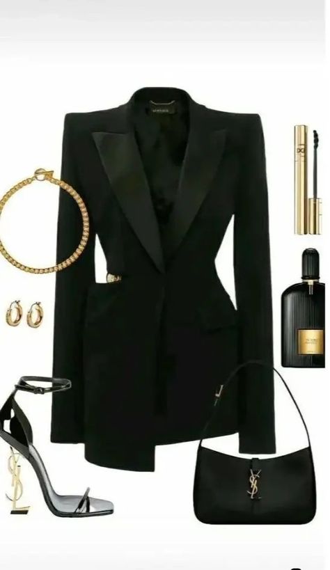 Mafia Inspired Outfits Woman, Woman Mafia Outfit Classy, Luxury Black Blazer Dress For Women, Ysl Heels Outfit, Mafia Women Outfits, Birthday Outfit Classy, Luxury Business Blazer, Elegant Style, Ysl Outfits Women, 90s Model Style