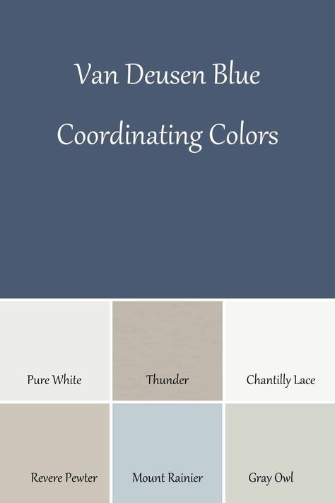 Benjamin Moore Van Deusen Blue is a stunning mid-dark blue paint color. Today I am sharing all the details on this gorgeous color with color comparisons and photos of it used in real homes! Bm Van Deusen Blue, Van Duesen Blue, Benjamin Moore Van Deusen Blue, Denim Blue Paint, Benjamin Moore Bedroom, Dark Blue Paint Color, Van Deusen Blue, Benjamin Moore Blue, Benjamin Moore Exterior