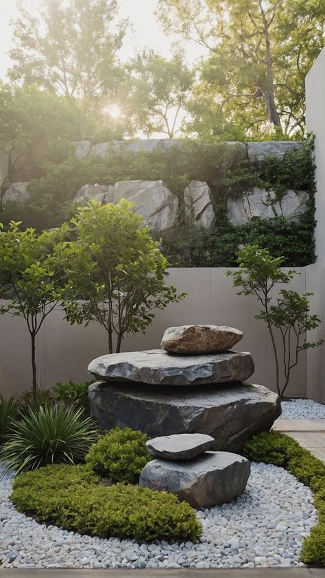 Creating a Natural Oasis: 15 Stunning Landscaping Ideas with Large Rocks - Fads Large Outdoor Landscaping Ideas, Large Boulder Water Feature, Landscaping Large Rocks, Large Rock Garden Ideas, Tropical Dry Garden, Natural Pool Landscaping, Stone Courtyard Ideas, Modern Landscaping Design, Large Stone Landscaping